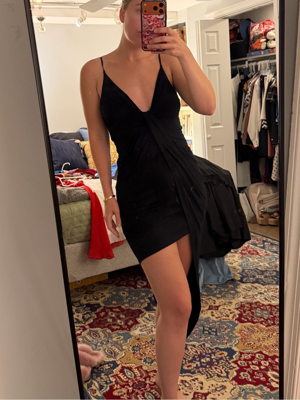 Lush Black Asymmetrical Ruched Slip Dress